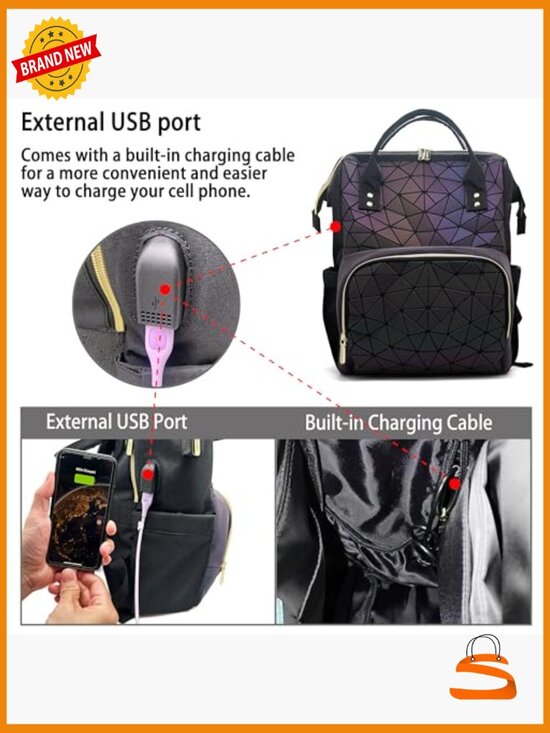 Geometric Holographic Laptop Backpack USB Port Travel Daypack main image 3